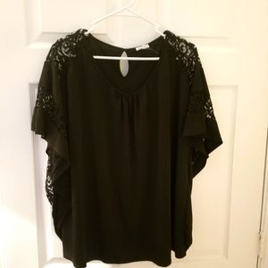 Avenue Lace Trim Batwing Blouse, Plus Size, Black